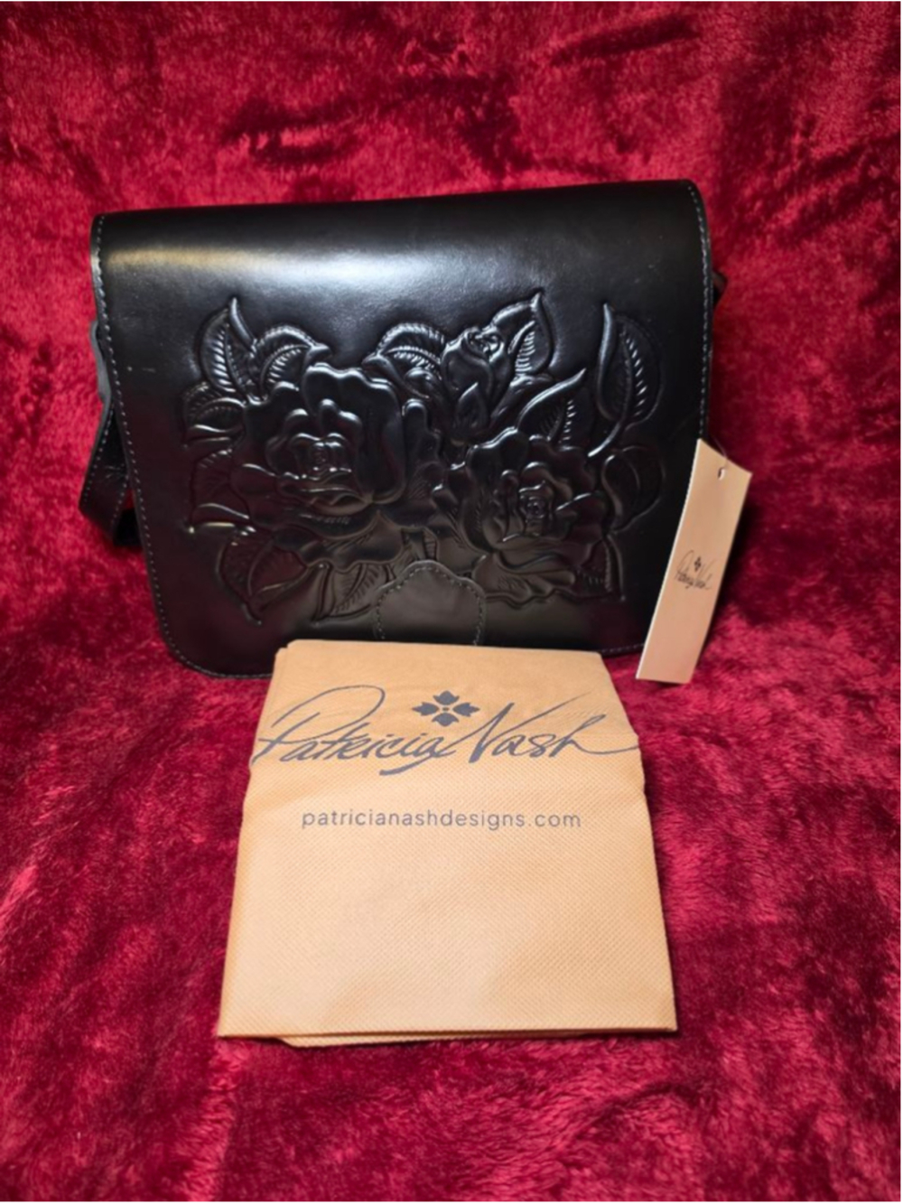 Patricia Nash Black Rose Tooled Leather Crossbody Bag One Size - Picture 2 of 9